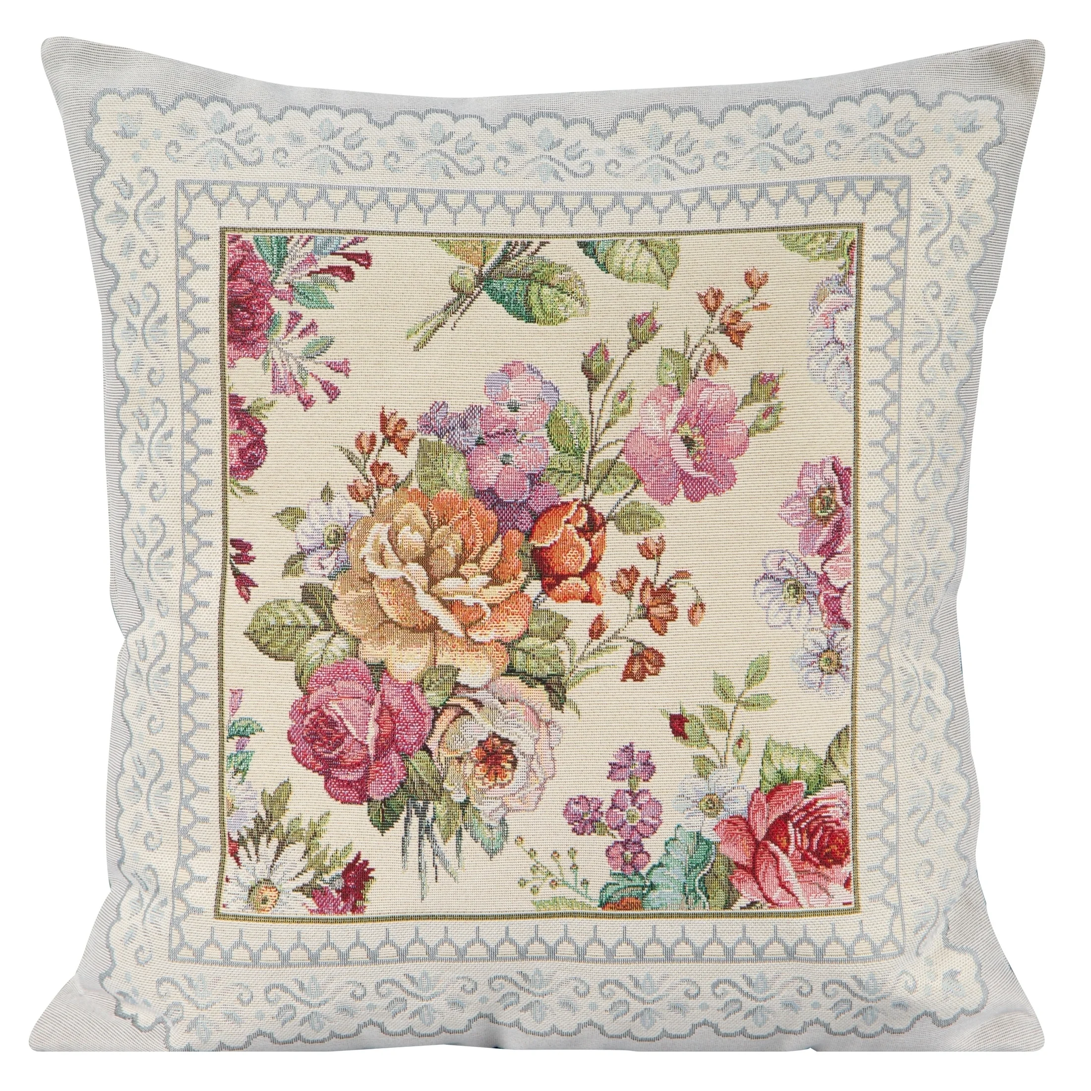 Poszewka na poduszkę 45x45 cm gobelinowa jasnoszara, różowa zdobiona tkanym motywem kwiatowym GOB | eurofirany