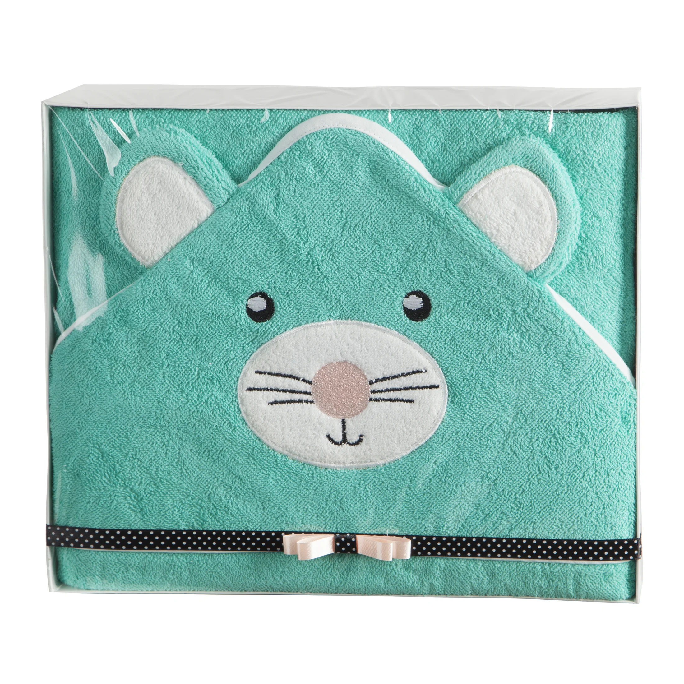 Zestaw upominkowy, ręcznik bawełniany 100x100 cm kolor miętowy z kapturkiem