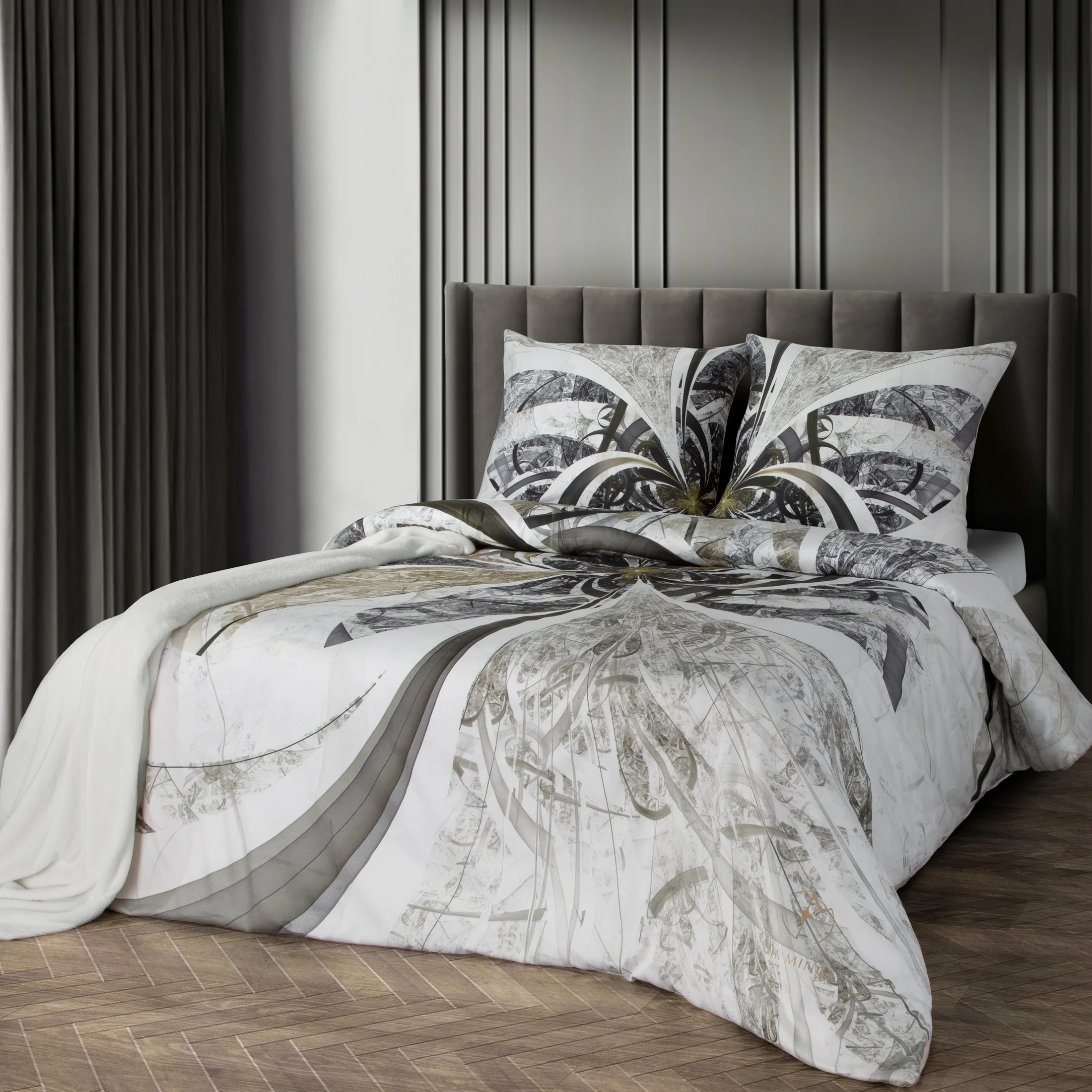 Pościel 220x200 cm z makosatyny bawełnianej kolor jasnokremowy, brązowy z designerskim wzorem STELIA Eva Minge | eurofirany