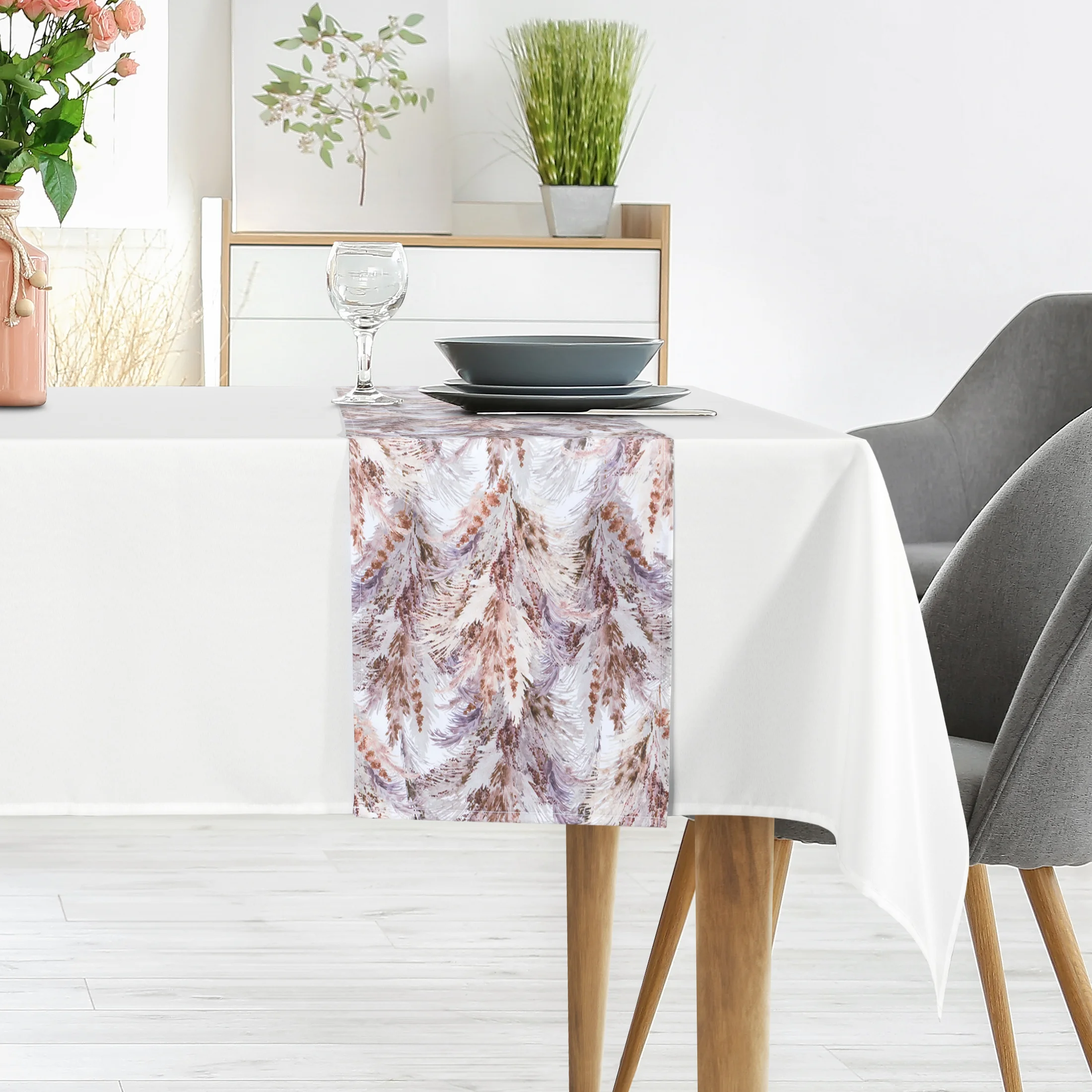 Komplet obrus z bieżnikiem biało, jasnofioletowy 140x180 cm ANITA 4 zdobiony subtelnym wzorem trawy pampasowej