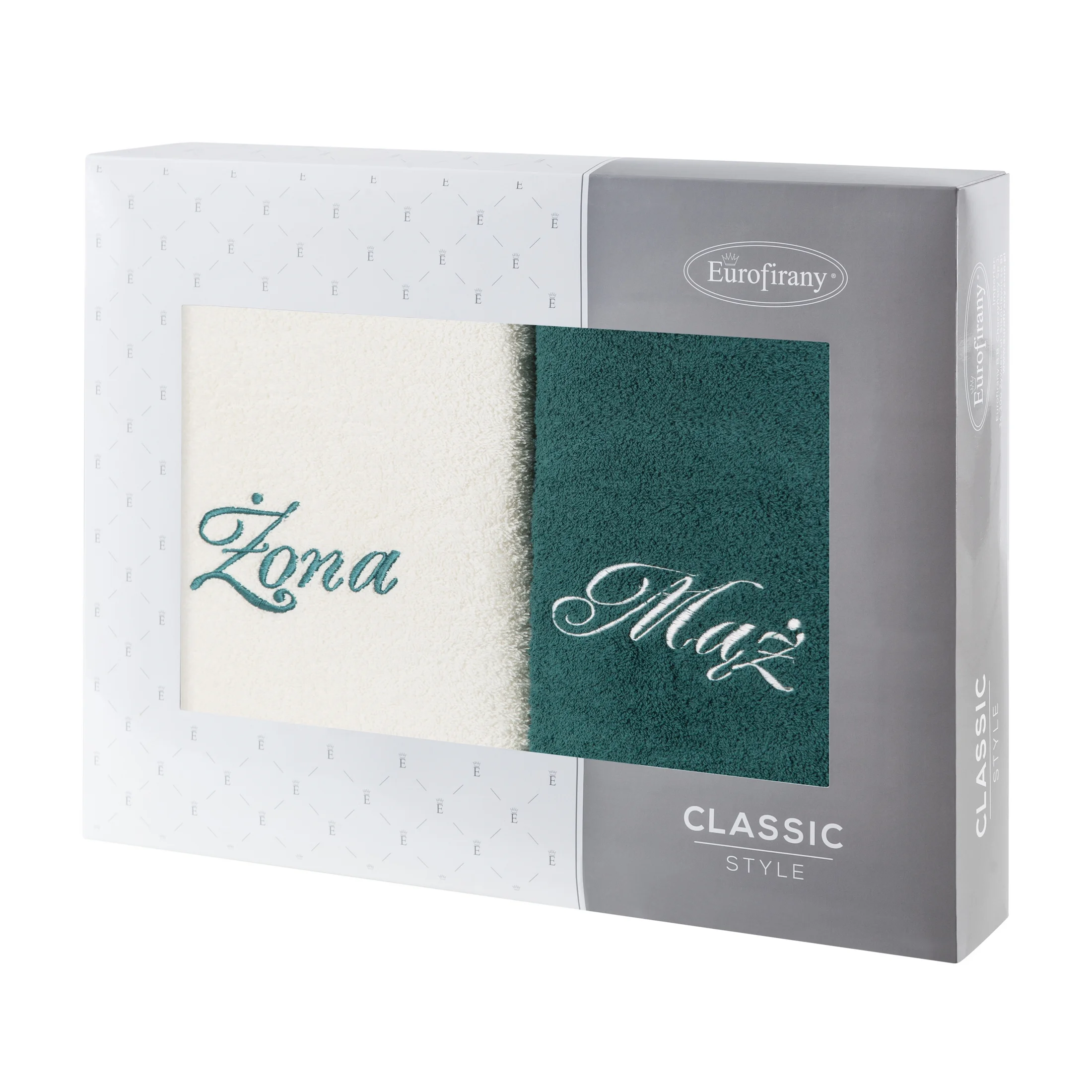 Zestaw ręczników bawełnianych na prezent 2 szt 50x90 cm z haftem Żona i Mąż kolor kremowy,ciemnozielony 400 g/m2