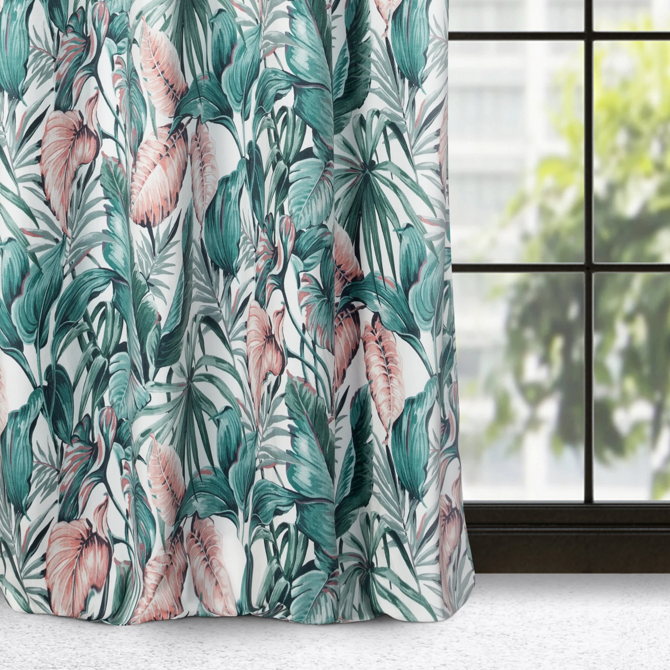 Zasłona zielono, różowa we wzór liści z welwetu 140x250 cm przelotka - MADERA | eurofirany