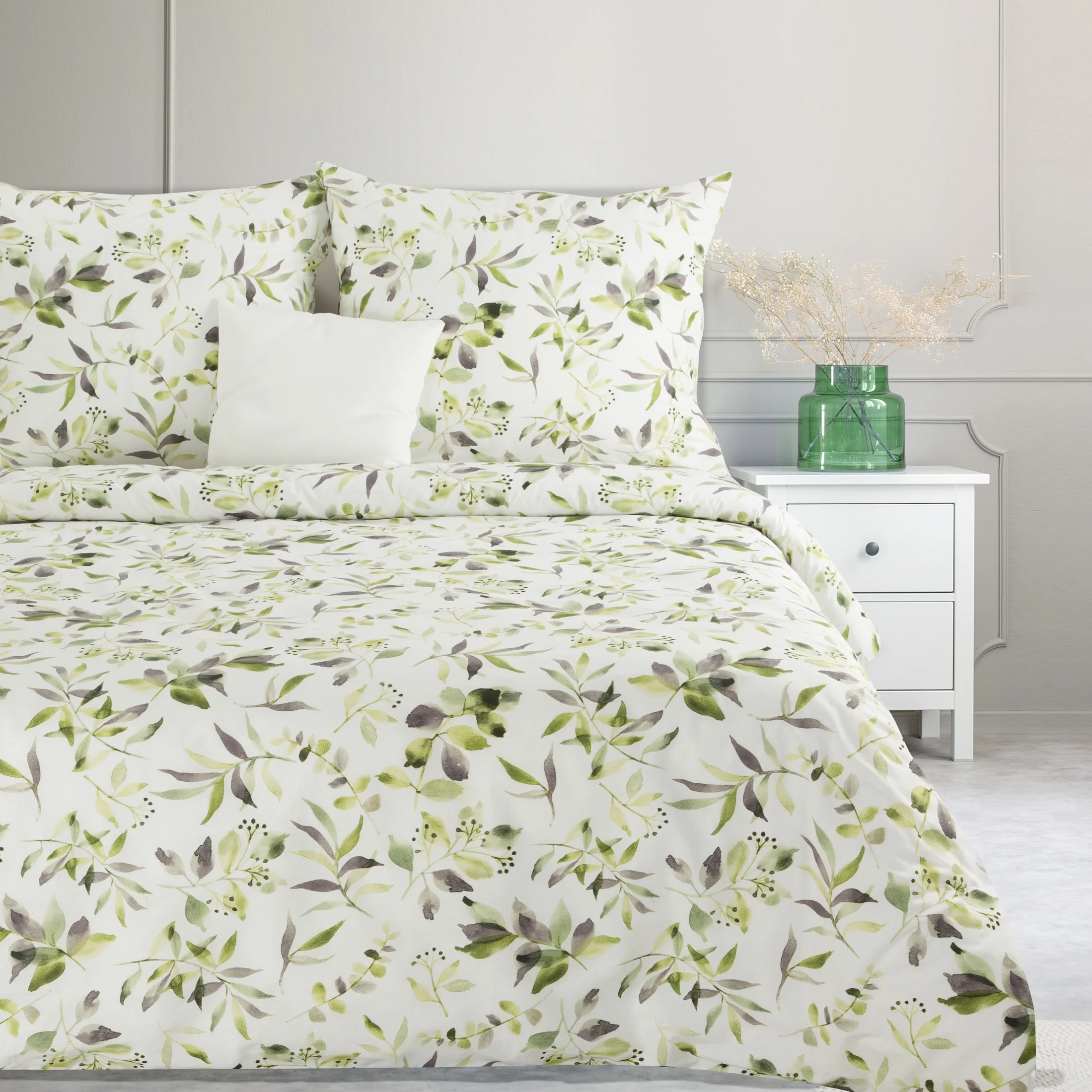 Pościel 220x200 cm bawełniana kolor biały, zielony wzór roślinny MILI | eurofirany