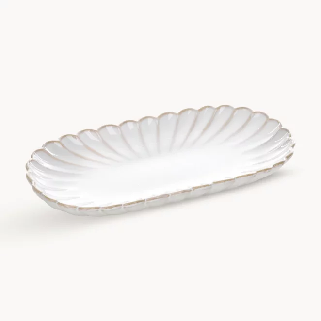 Patera ceramiczna dekoracyjna kremowo-beżowa z przecieranym wzorem w stylu eko 23x12x3 cm AVRIL