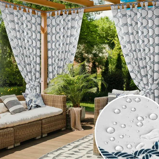 Zasłona biało, granatowa z wodoodpornej tkaniny idealna do ogrodu i na taras 155x200 cm szelki/rzep - GARDEN