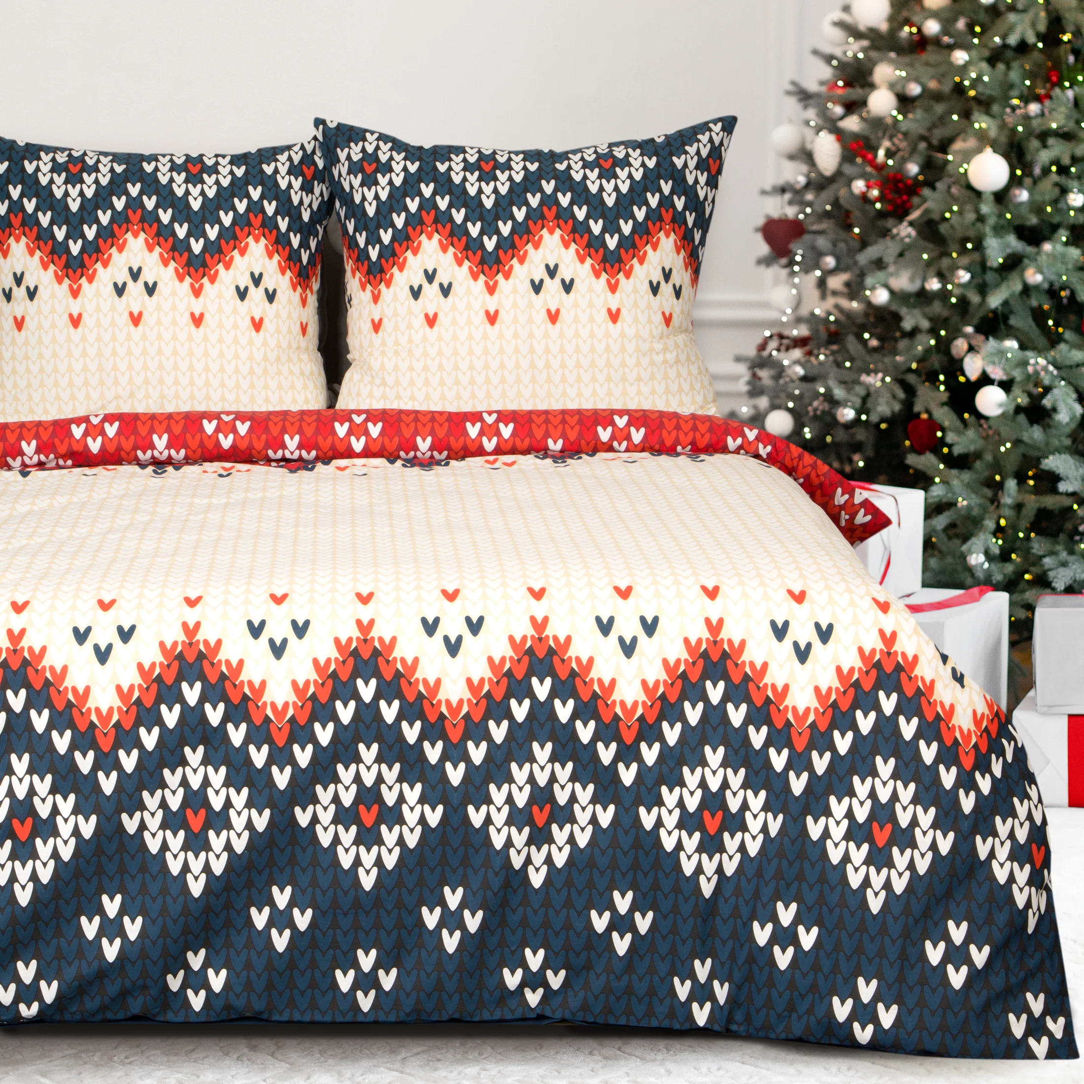 Pościel świąteczna 140x200 cm bawełniana kolor beżowy, granatowy styl skandynawski NORDIC | 