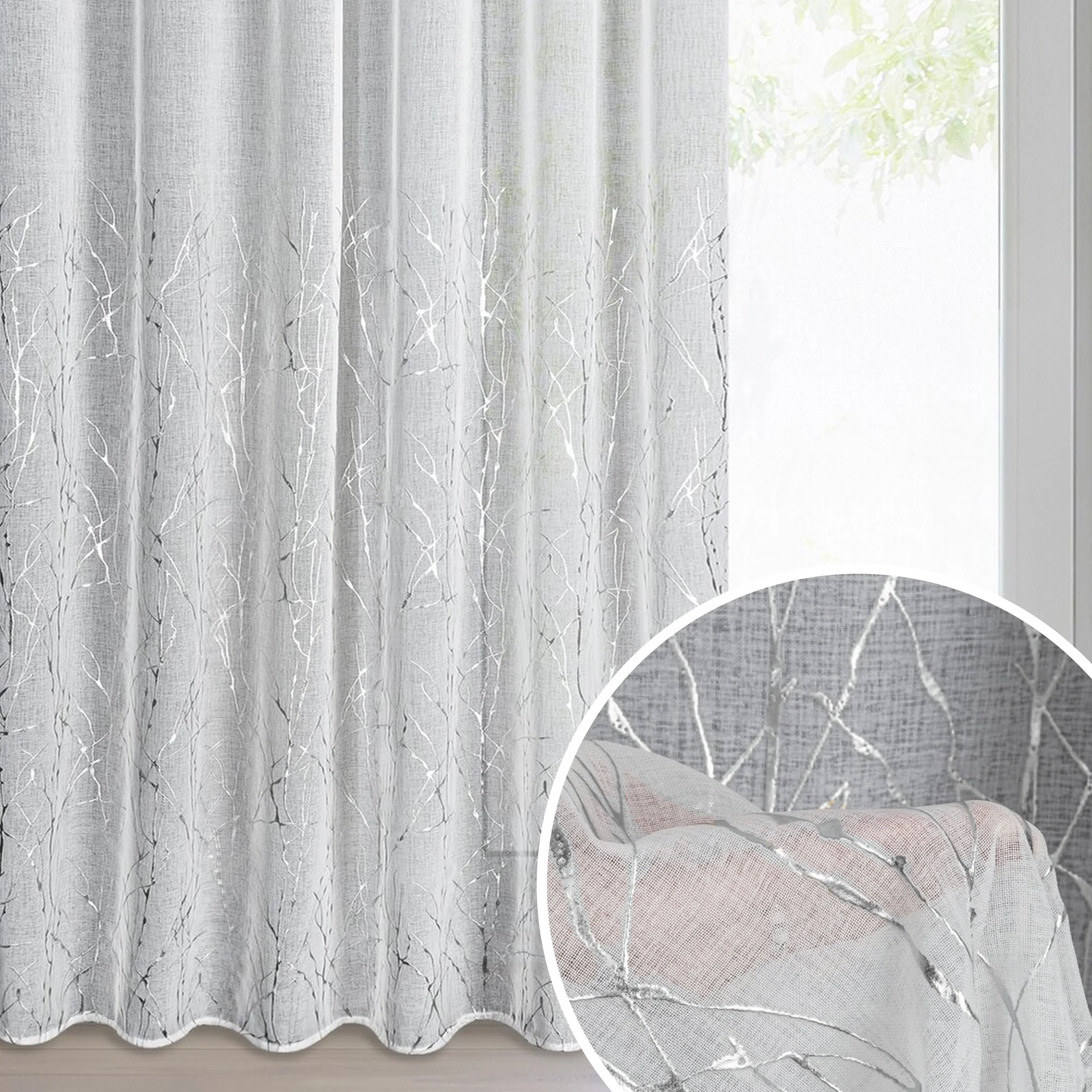 Firana biało, srebrna zdobiona nadrukiem marmurka 140x270 cm taśma MELIA | eurofirany