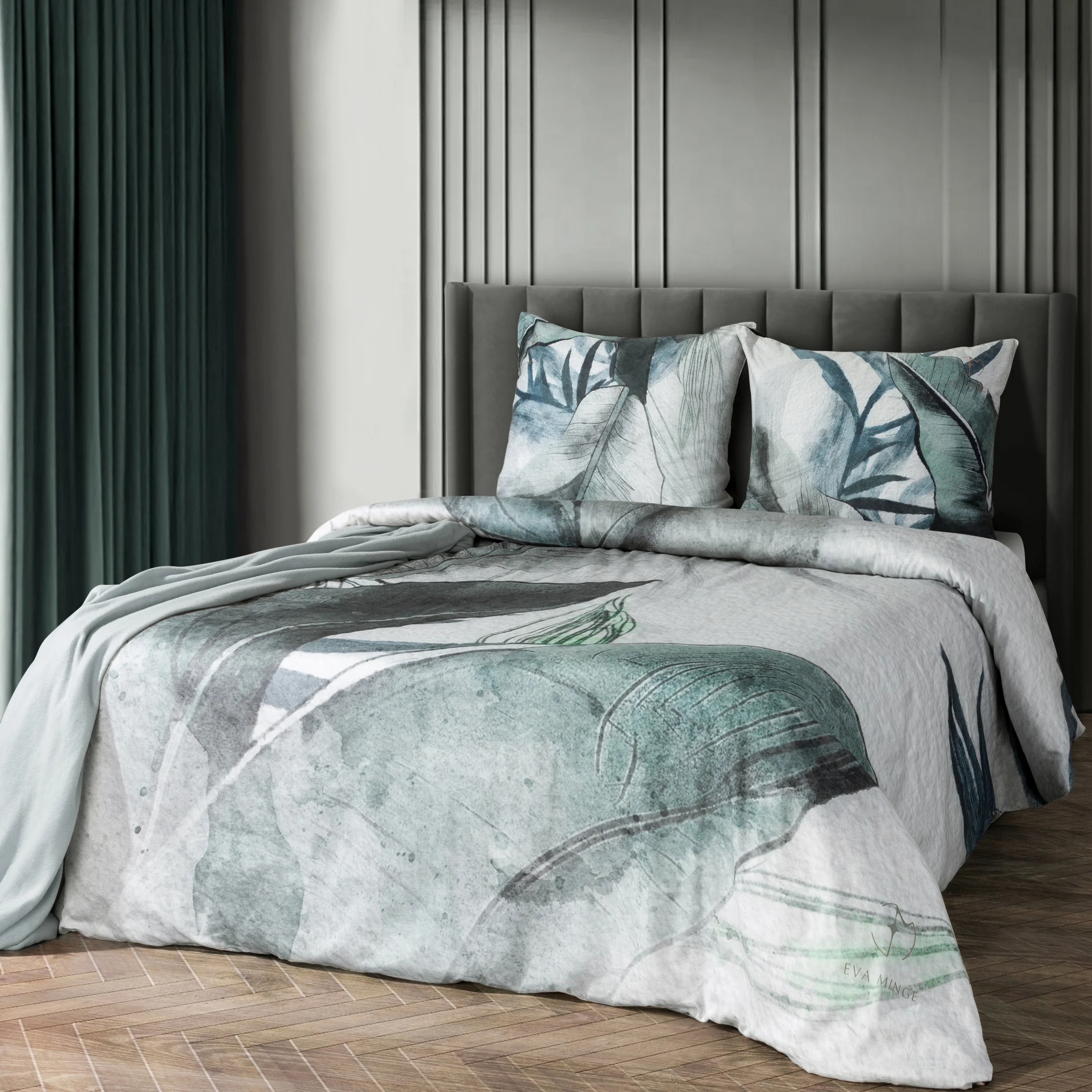Pościel 160x200 cm z bawełny, makosatyny kolor jasnoszary, ciemno miętowy z designerskim wzorem ARTIST Eva Minge | eurofirany