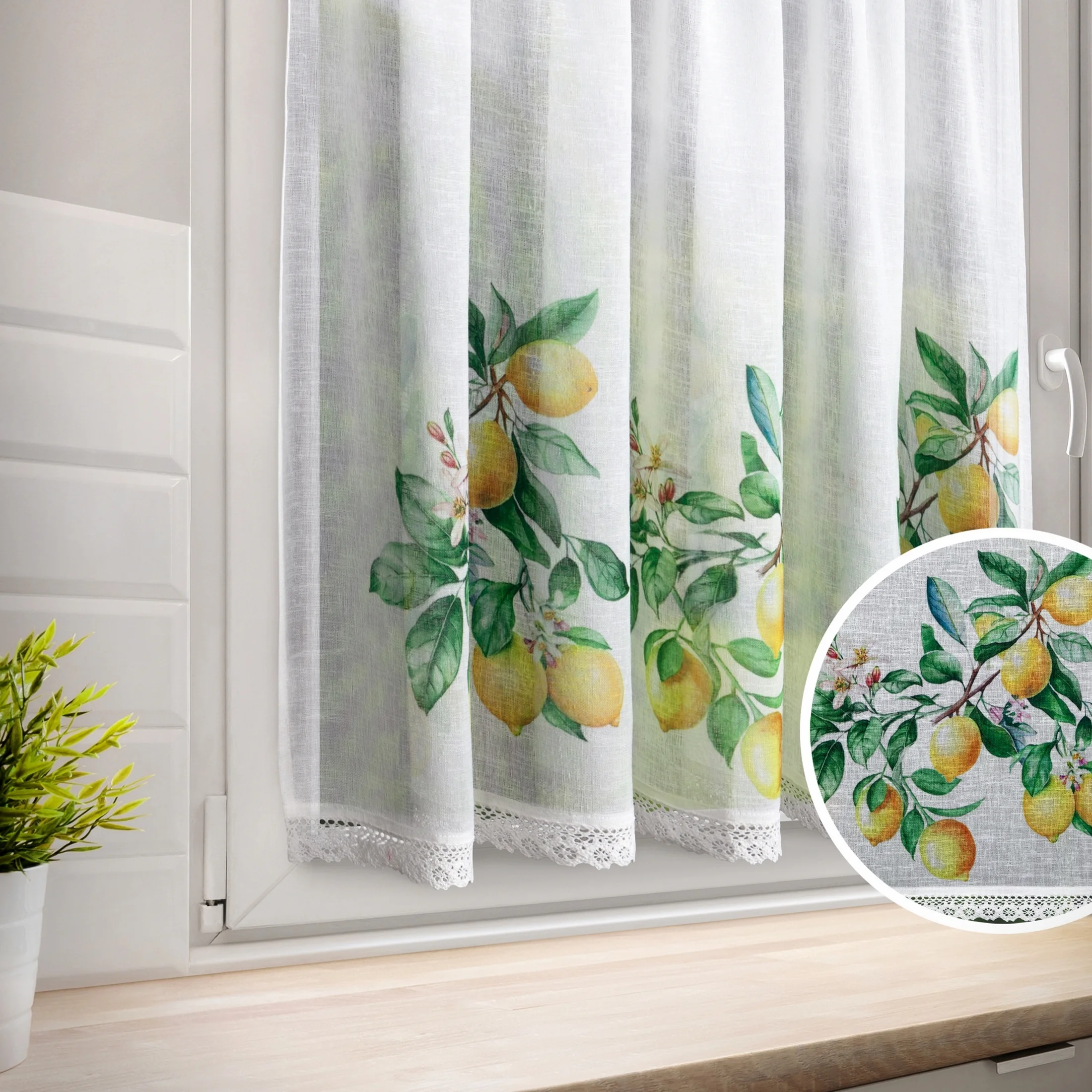 Zazdrostka biało, zielona z etaminy zdobiona nadrukiem cytryn 90x150 cm tunel CLOE