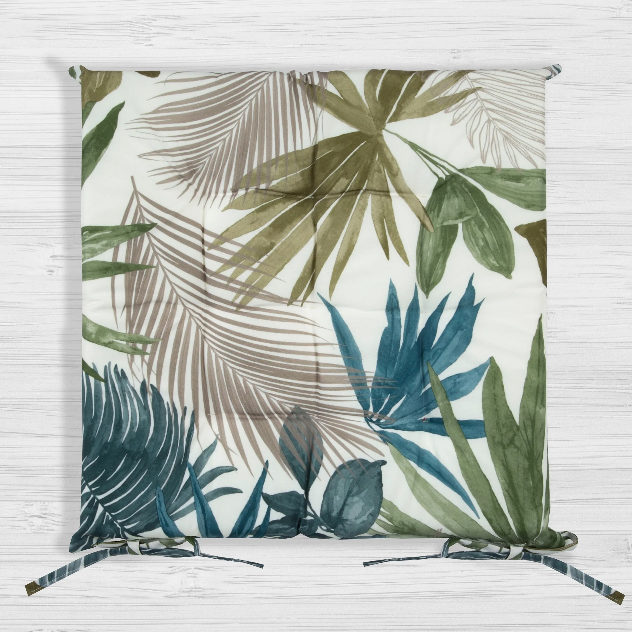 Poduszka na krzesło 40 x 40 x 5 cm wodoodporna beżowo, turkusowa zdobiona botanicznym wzorem GARDEN