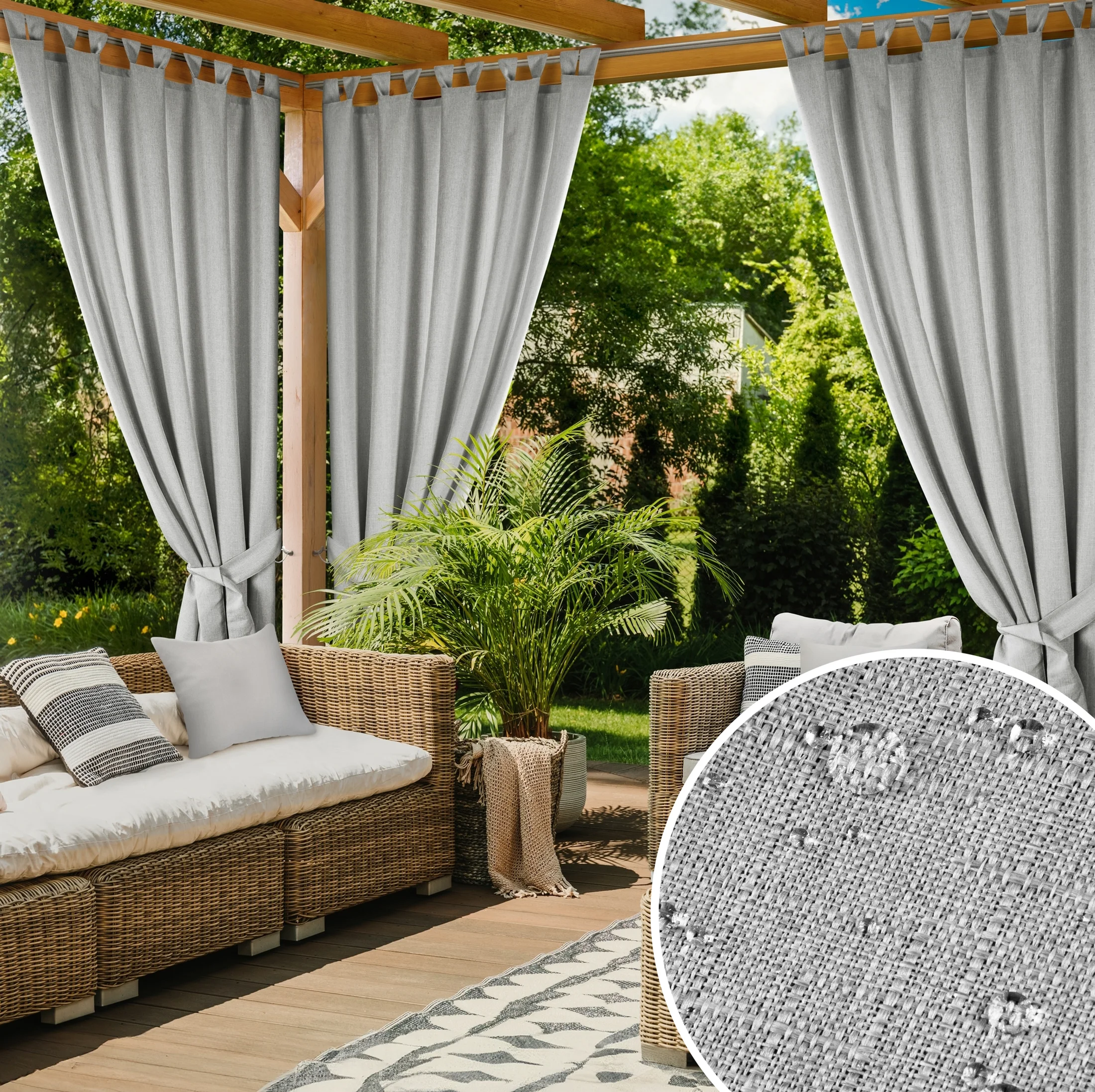 Zasłona srebrna z wodoodpornej tkaniny idealna do ogrodu i na taras 155x220 cm szelki/rzep GARDEN | eurofirany