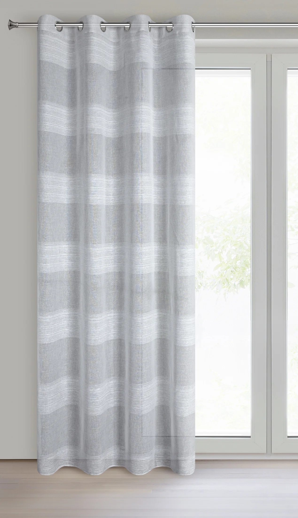 Firana srebrna zdobiona szenilowymi pasami 140x250 cm przelotka AGATA