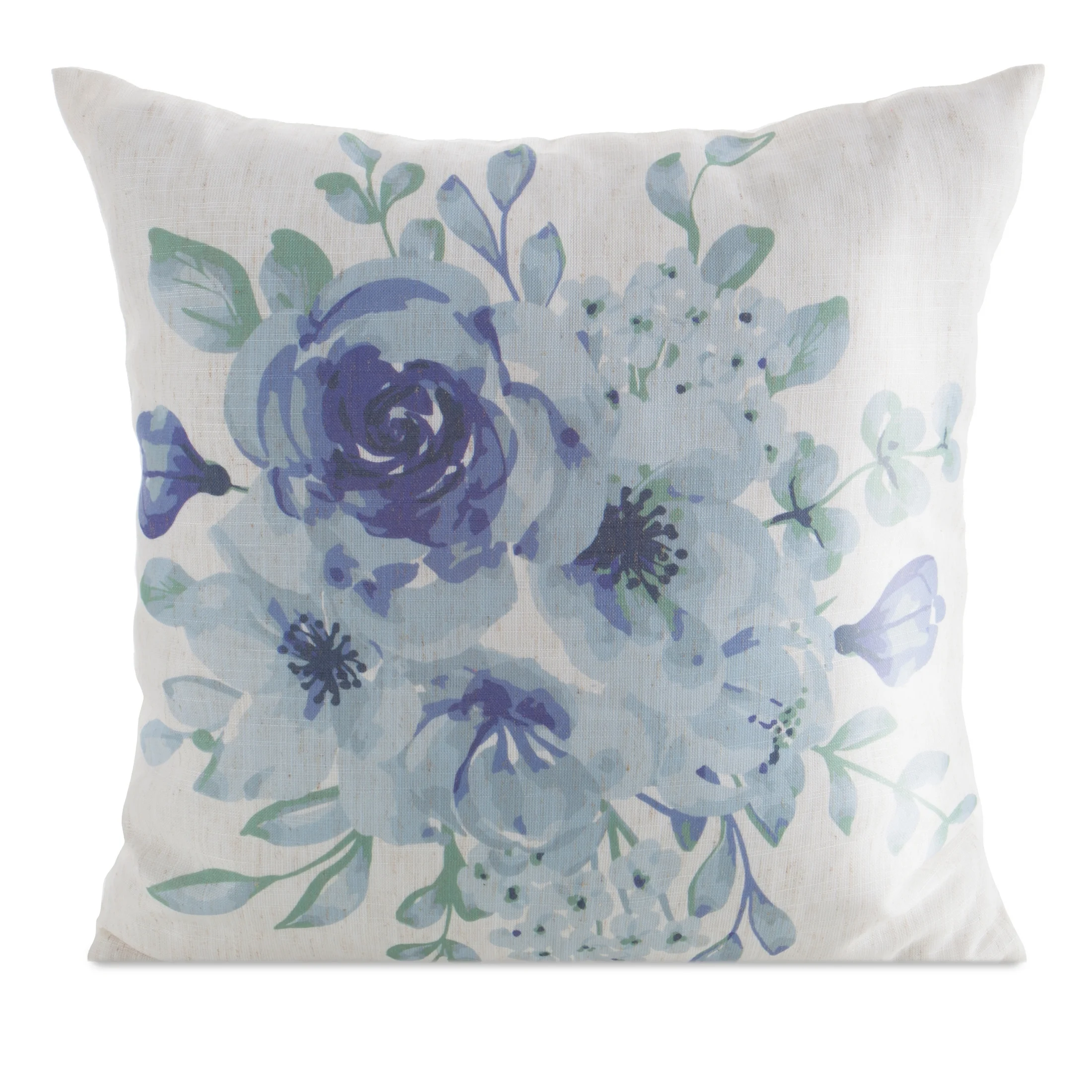 Poszewka na poduszkę 45x45 cm o strukturze lnu z nadrukiem subtelnych kwiatów biała, jasnoniebieska LEN | eurofirany
