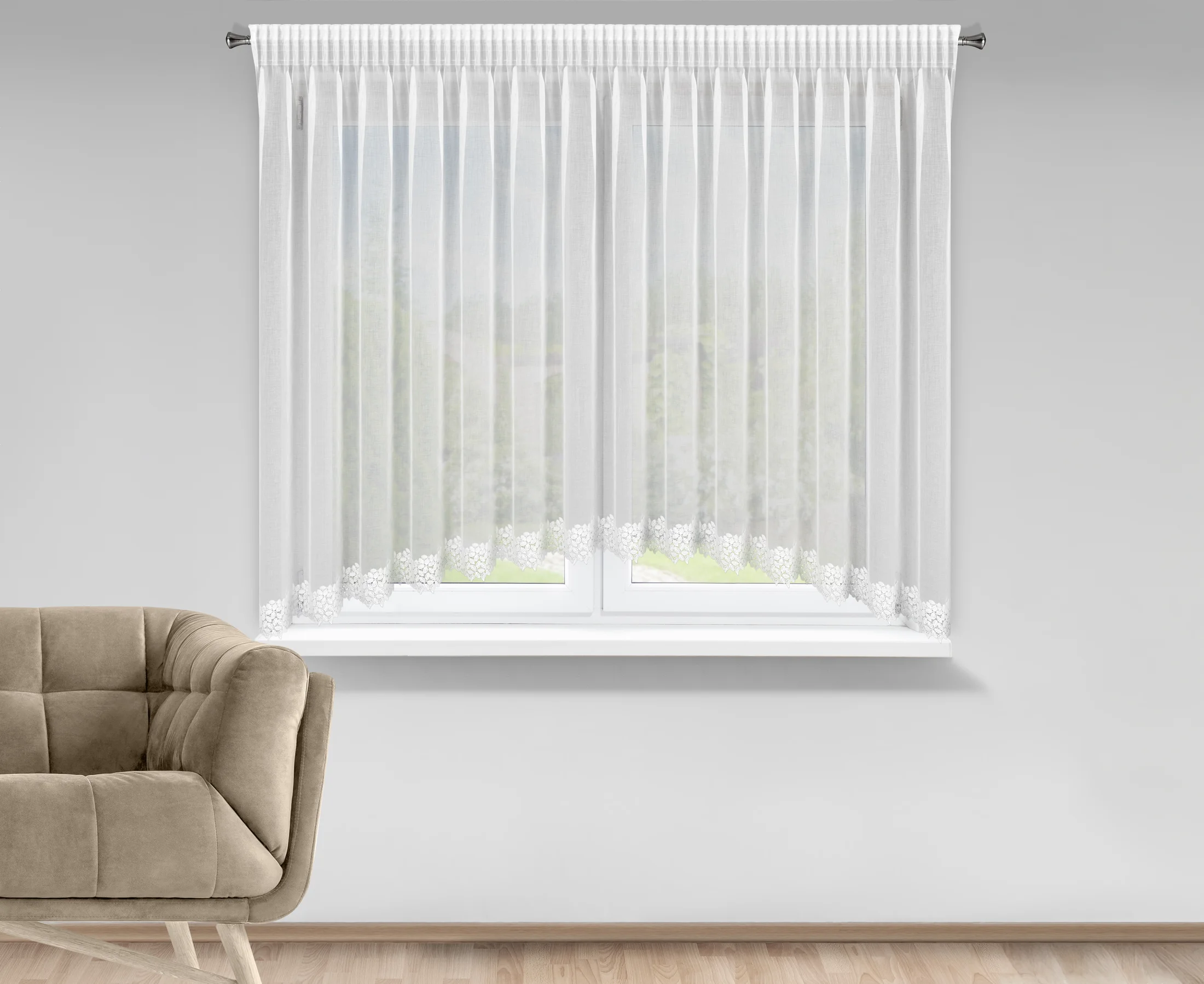 Firana biala łuk z etaminy zdobiona koronką 400x160 cm taśma - HESTIA