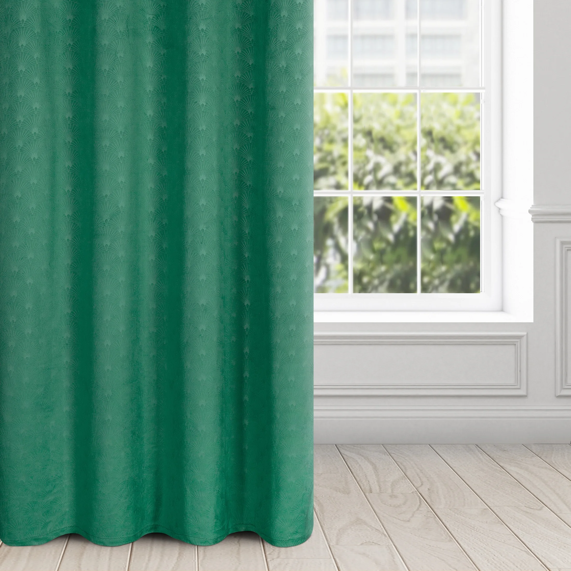 Zasłona zielona wzór geometryczny z wytłaczanego welwetu 140x250 cm przelotka - JULIA | eurofirany