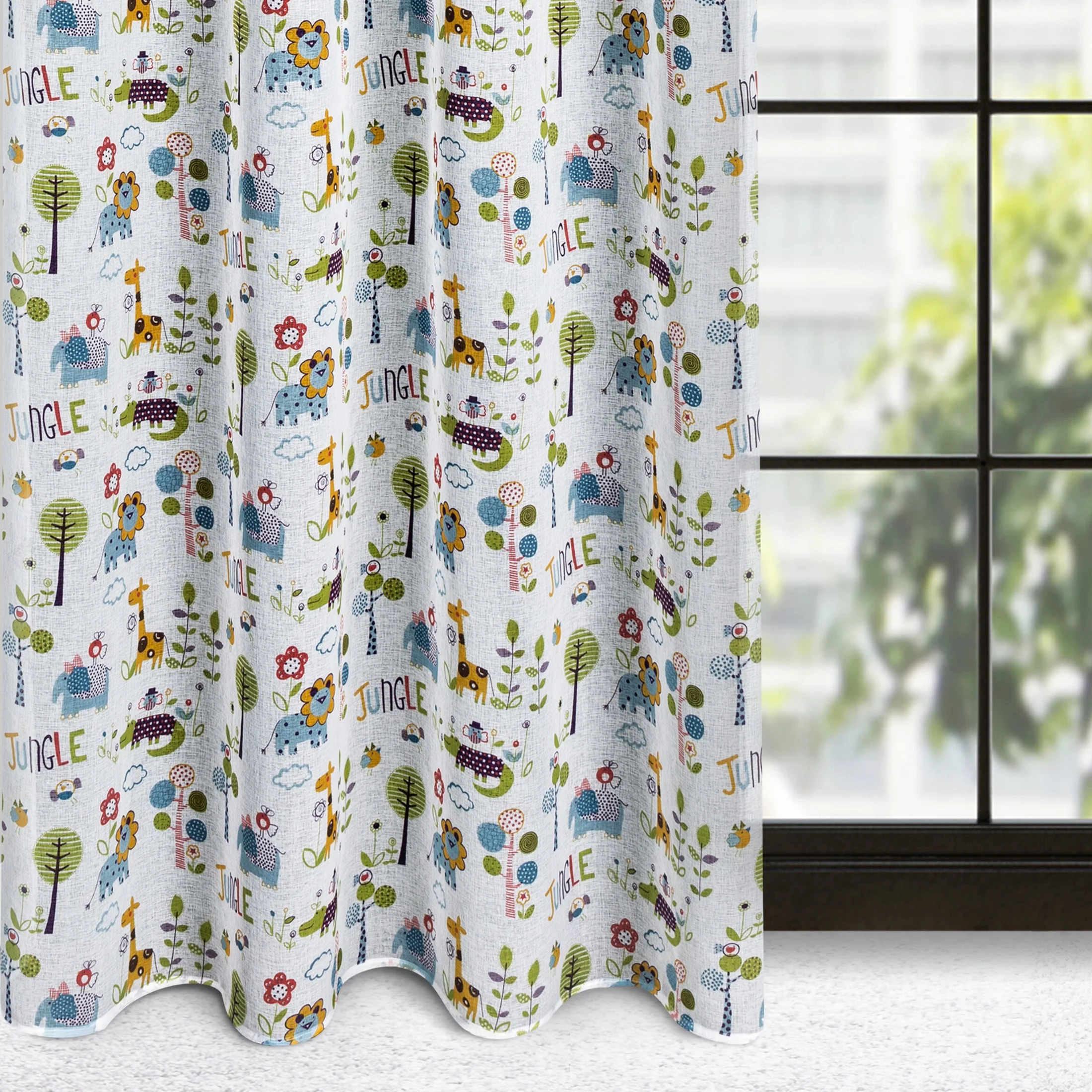 Dekoracja okienna biało, niebieska z etaminy z nadrukiem z kolorowymi zwierzątkami 140x250 cm przelotka - BILLY | eurofirany