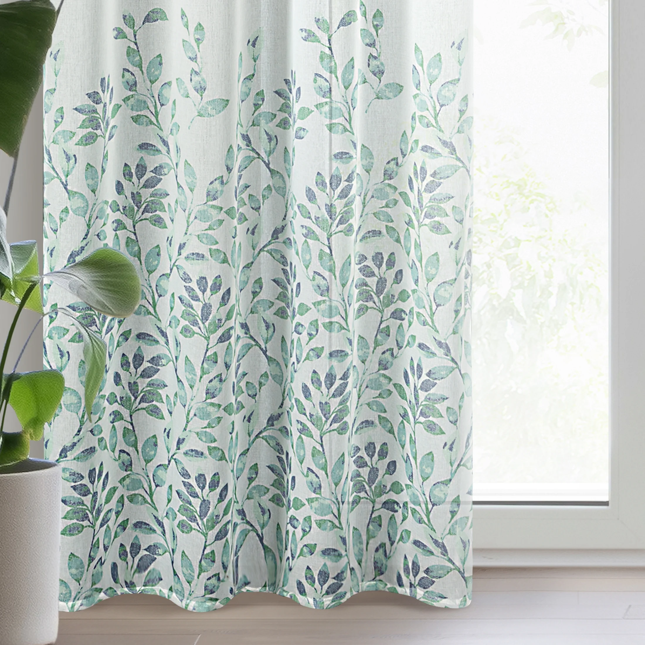 Dekoracja okienna biało, zielona z lekkiej etaminy z nadrukiem gałązek 140x270 cm taśma CLARISSA Design 91 | eurofirany