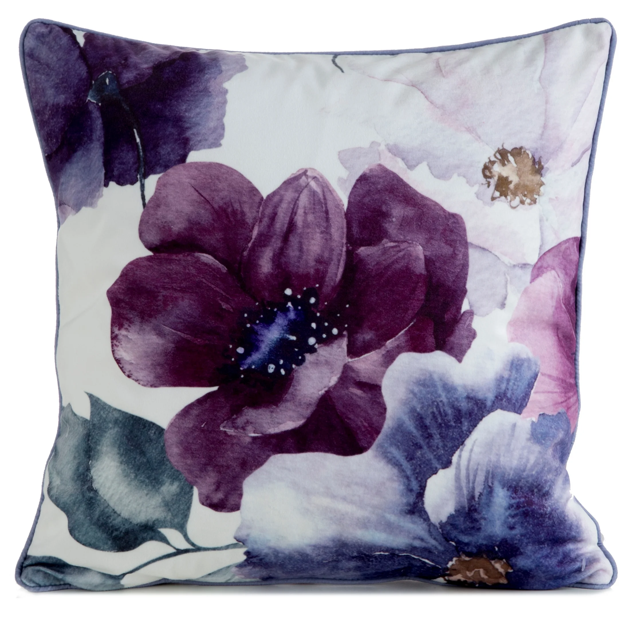 Poszewka na poduszkę 45x45 cm welwetowa, fioletowo kremowa, dwustronna z motywem kwiatów VELVET 124 Eurofirany Premium | eurofirany