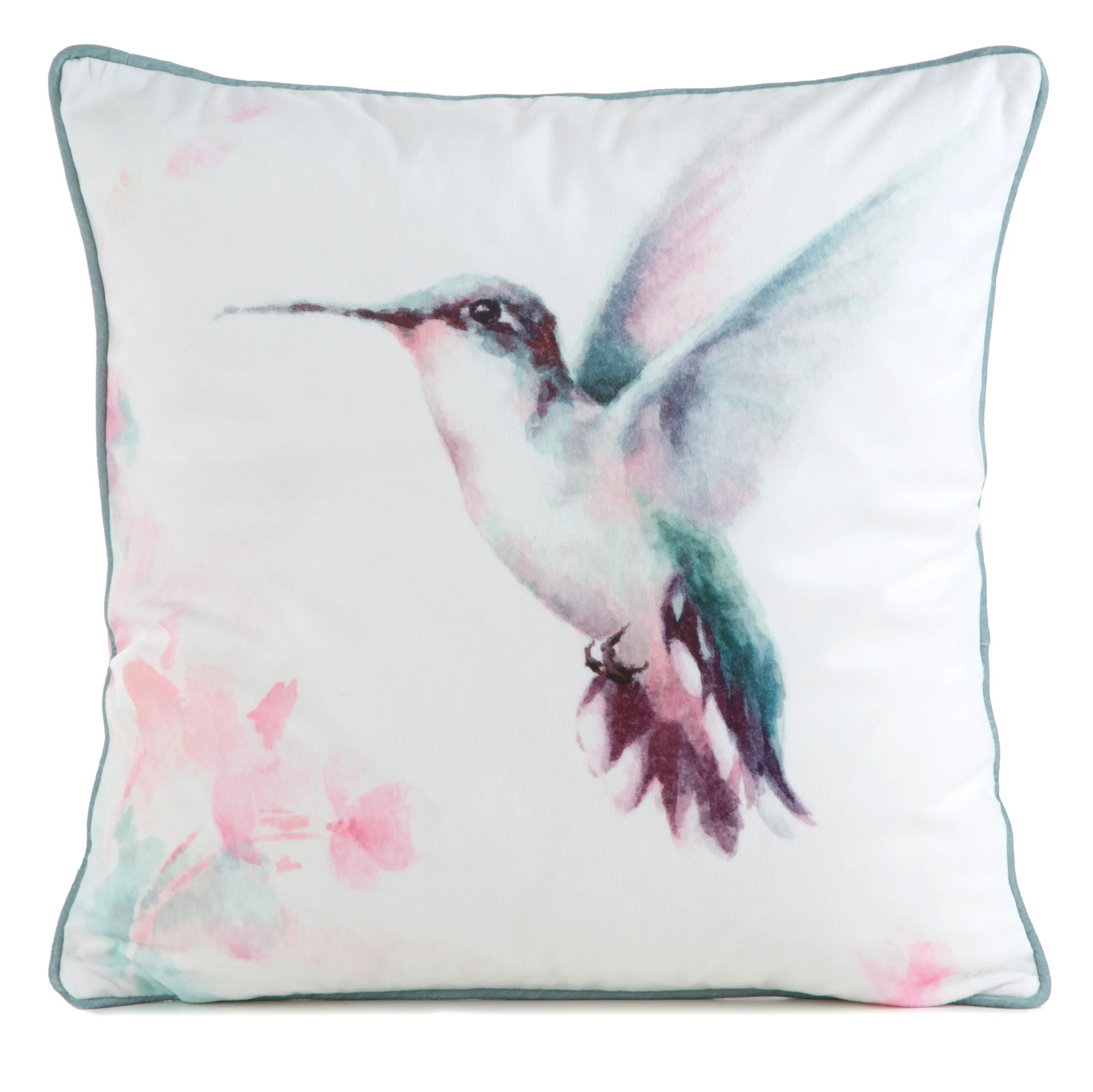 Poszewka na poduszkę 45x45 cm welwetowa, kremowo pudrowa. dwustronna z motywem koliberka VELEVT 138 Eurofirany Premium | eurofirany