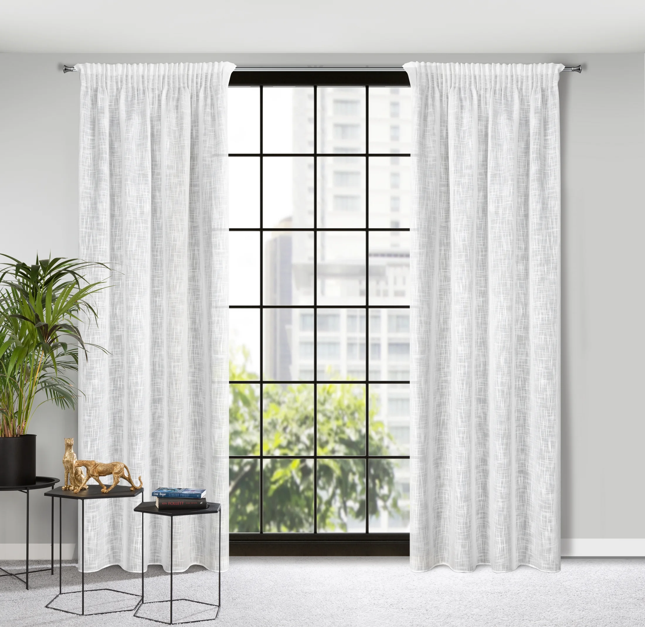 Zasłona biała o płóciennym splocie w stylu eko 140x270 cm taśma - LIREN