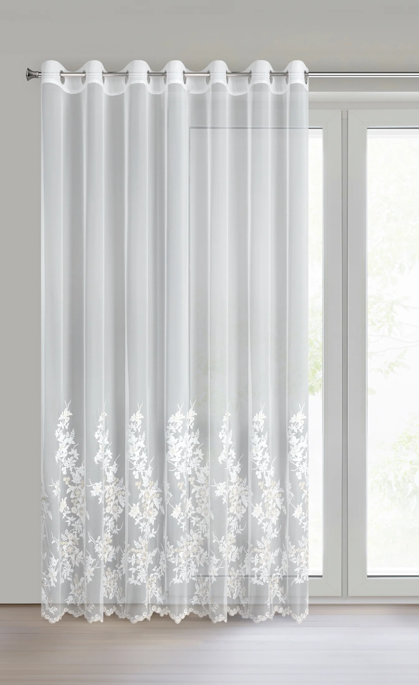 Firana kremowa z siateczki zdobiona haftem z dodatkiem szampańskiej nici 300x250 cm przelotka - ALIRA