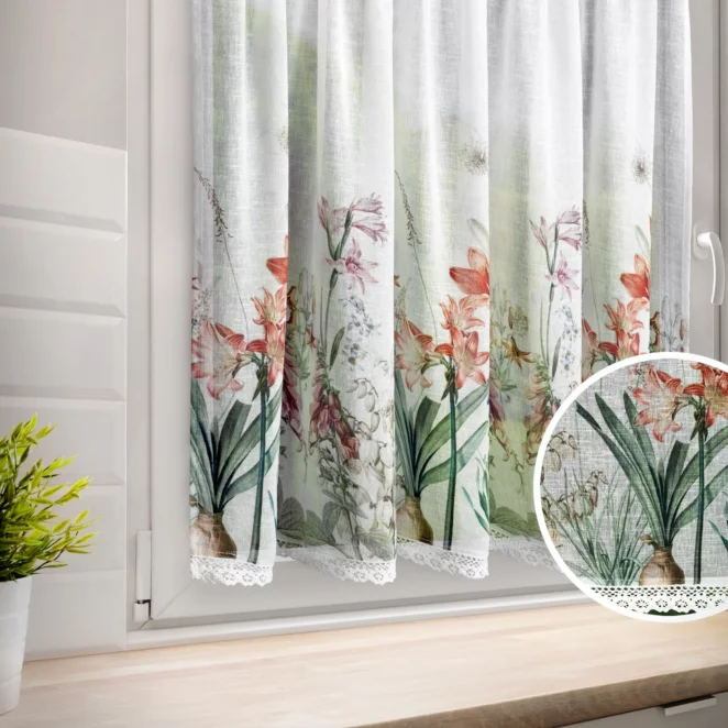 Zazdrostka biało, fioletowa z etaminy zdobiona nadrukiem letnich kwiatów 150x90 cm NEMEZJA