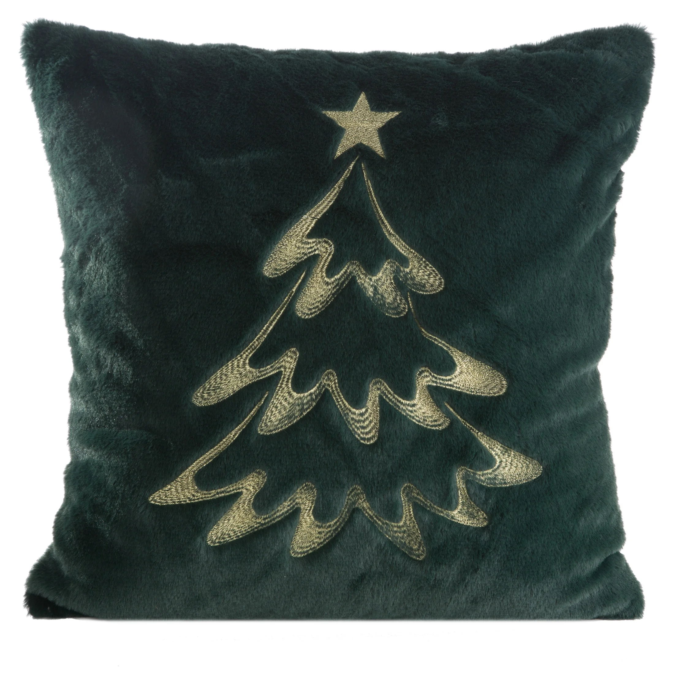 Poszewka na poduszkę świąteczna 45x45 cm ciemnozielono, szampańska z przyjemnego futerka zdobiona haftem choinki | eurofirany
