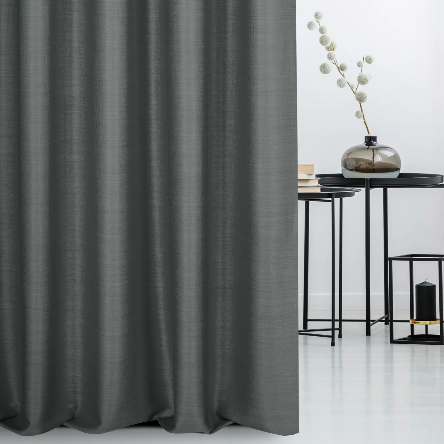 Zasłona szyta na flexach stalowa z miękkiej tkaniny o naturalnym splocie w stylu ekologicznym