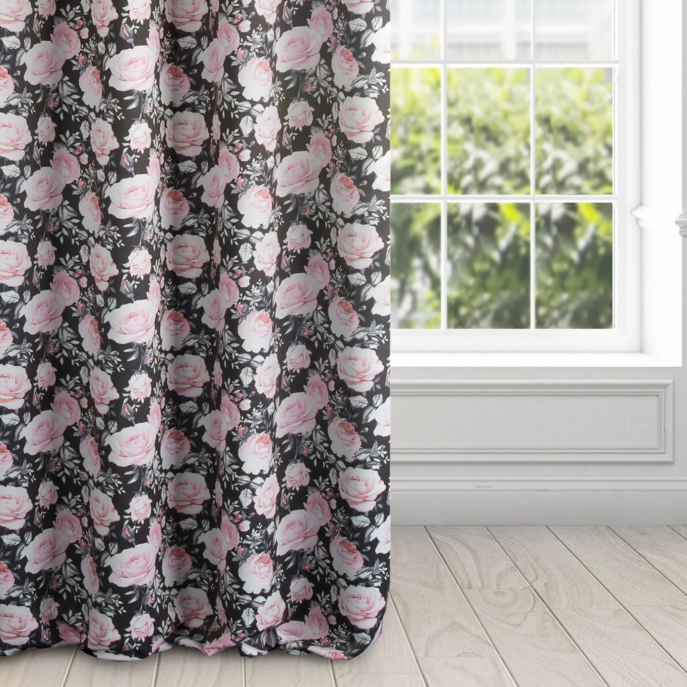 Zasłona czarno, wrzosowa z motywem róż, zaciemniająca 140x250 cm przelotka - BELLIS | eurofirany