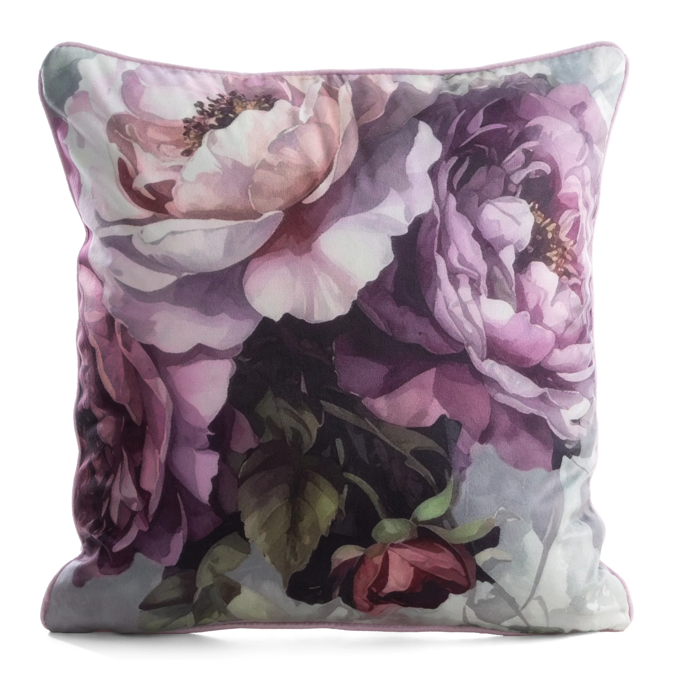 Poszewka na poduszkę 45x45 cm welwetowa różowo, fioletowa z roślinnym nadrukiem VELVET 212 | eurofirany