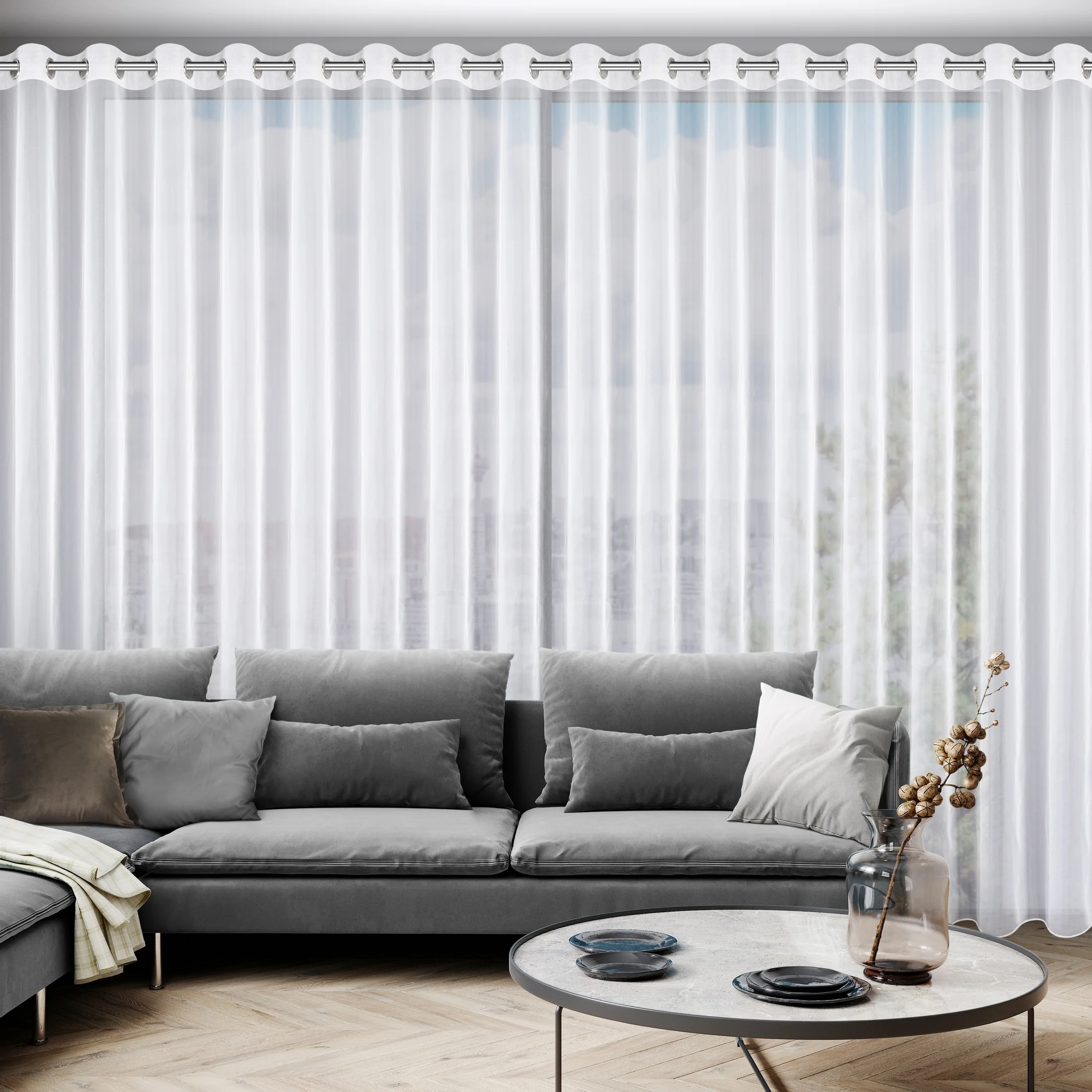 Firana biała z gładkiego mlecznego woalu wykończona szwem obciążającym VIOLET 400x250 cm przelotka