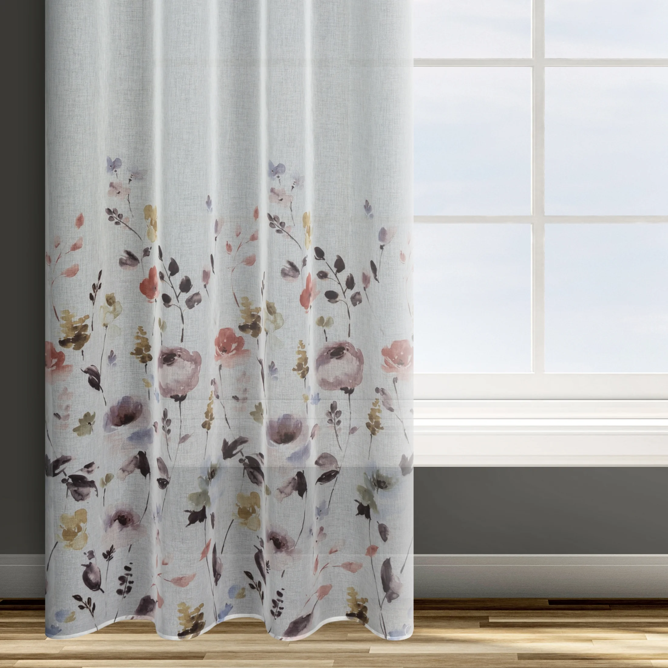 Zasłona biało pudrowa z nadrukiem malowanych kwiatów z lekkiej półtransparentnej etaminy 140x250 cm przelotka - LAVIN - Design 91 | eurofirany