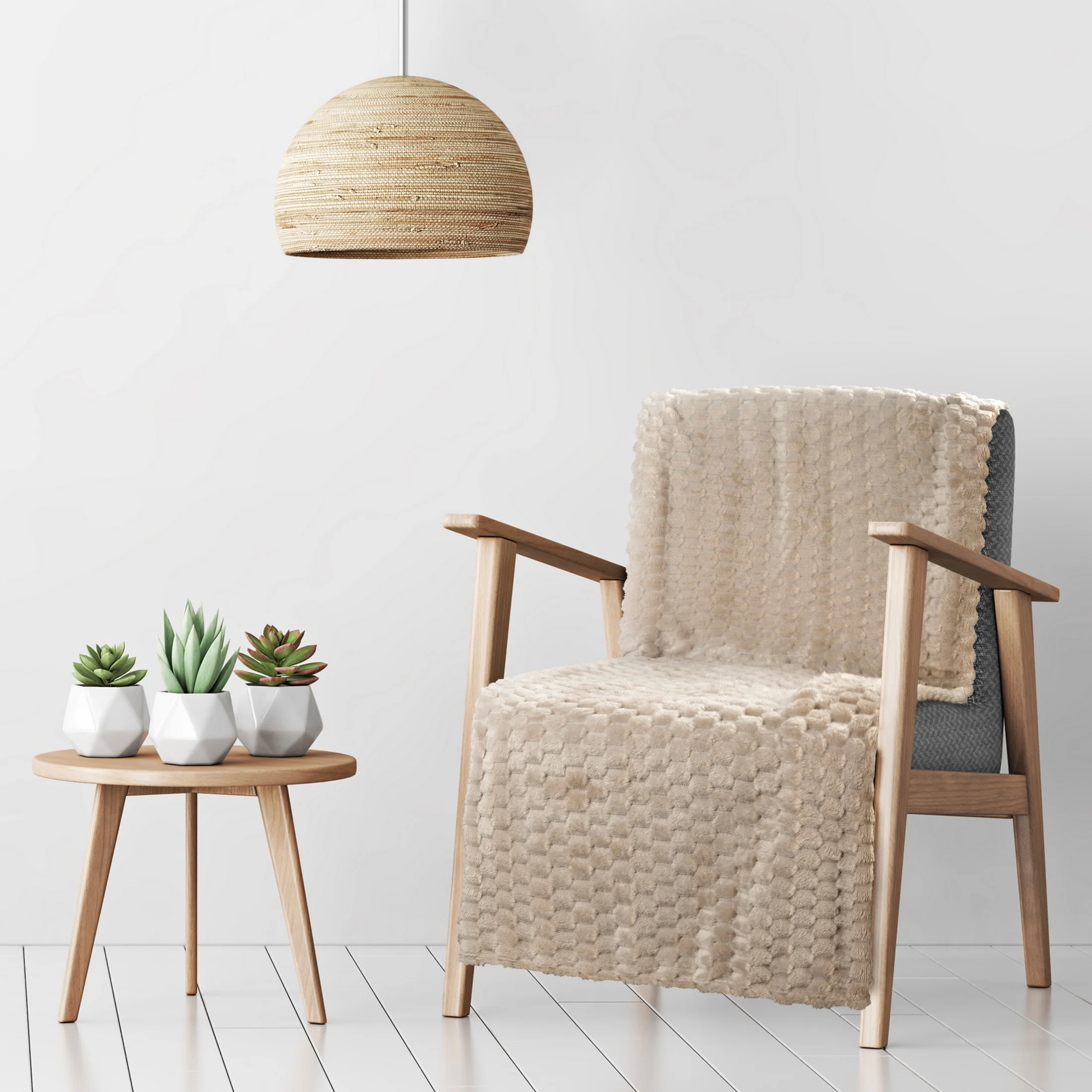 Narzuta na fotel-koc 70x160 cm beżowa miękka i miła w dotyku z wytłaczanym wzorem jodełki CINDY 5 Design 91 | 