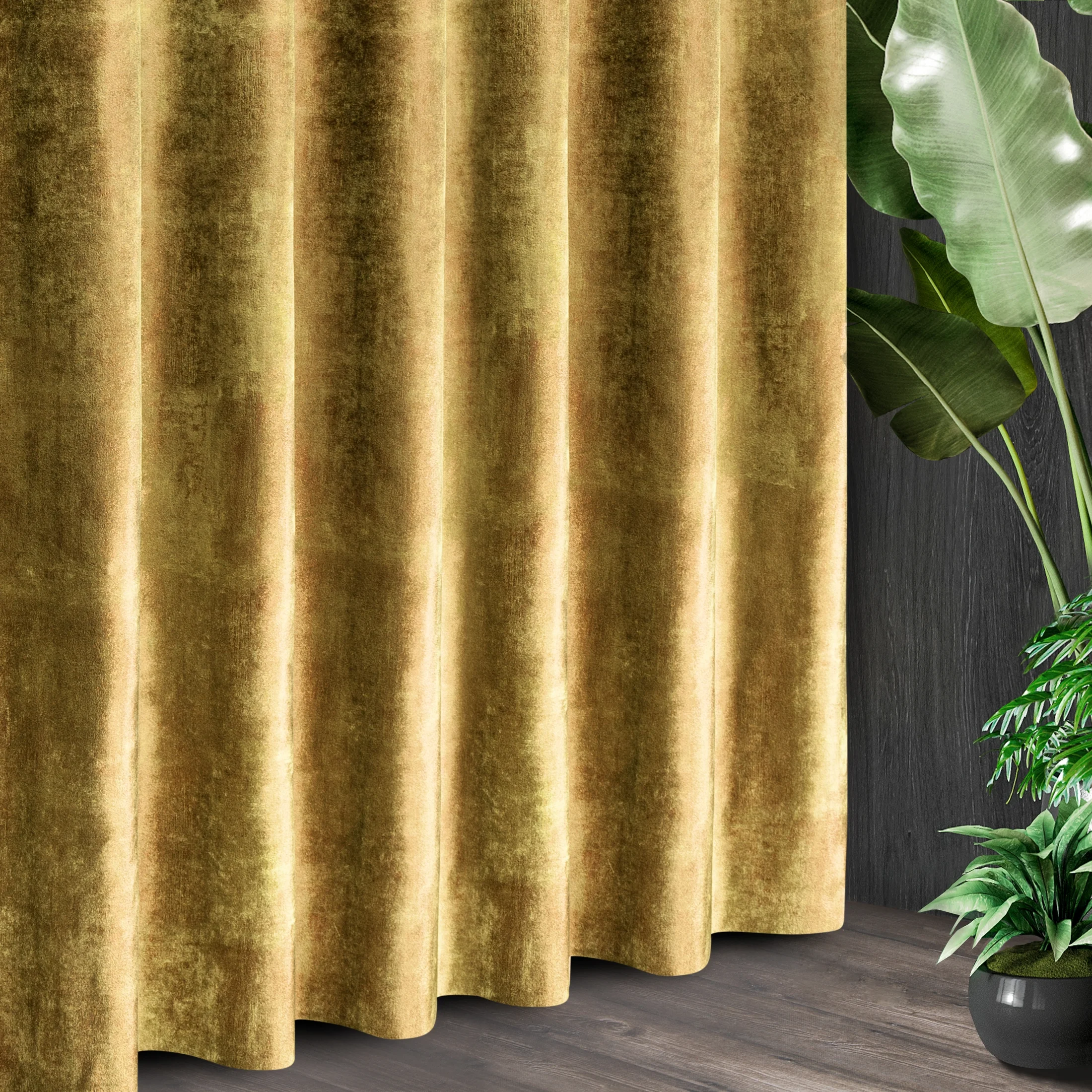 Tkanina zasłonowa miękki, gruby welwet, z połyskującym miedzianym nadrukiem z kolekcji Eva Minge