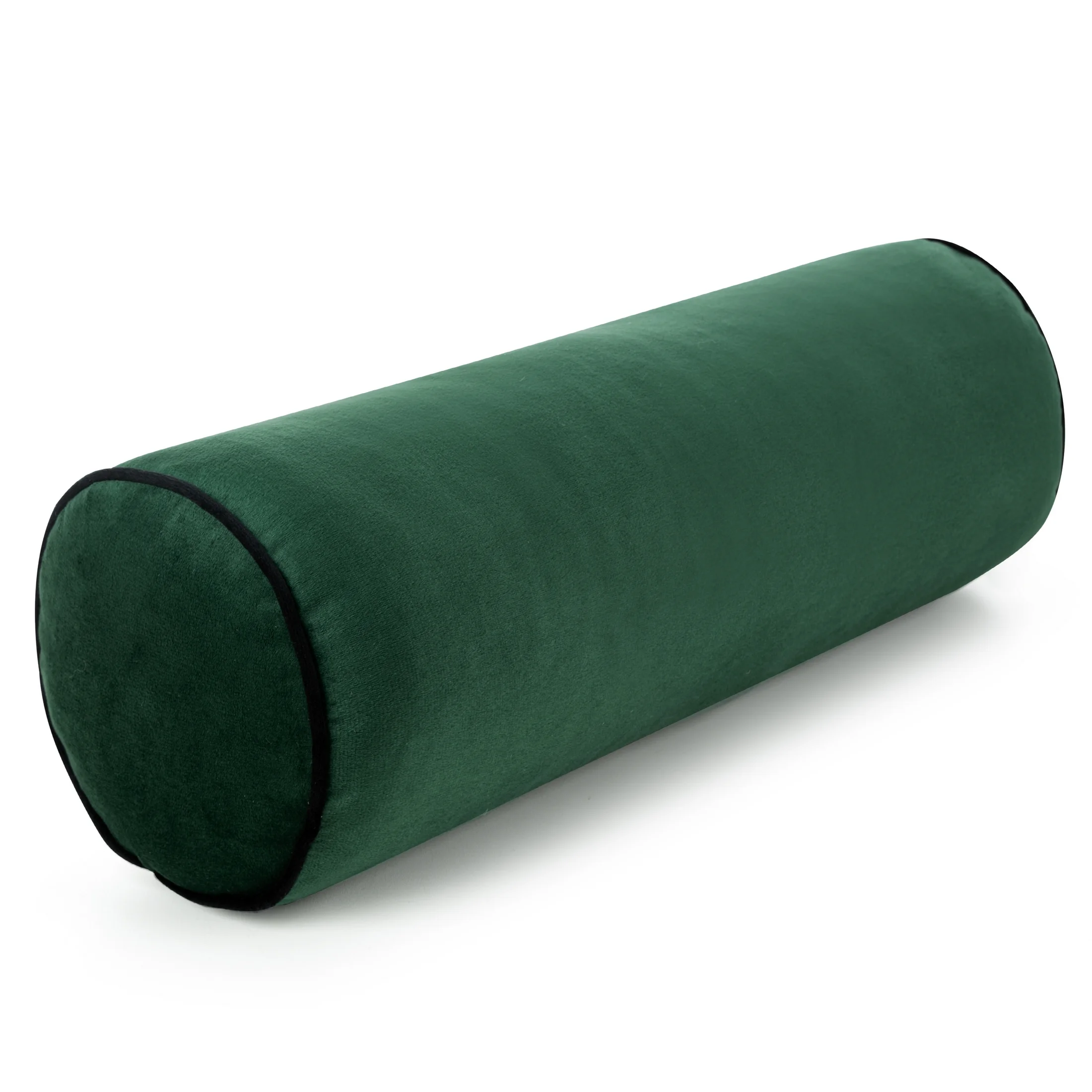 Poduszka dekoracyjna wałek 15 x 45 cm welwetowa ciemnozielona zdobiony kontrastującą lamówką GAJA