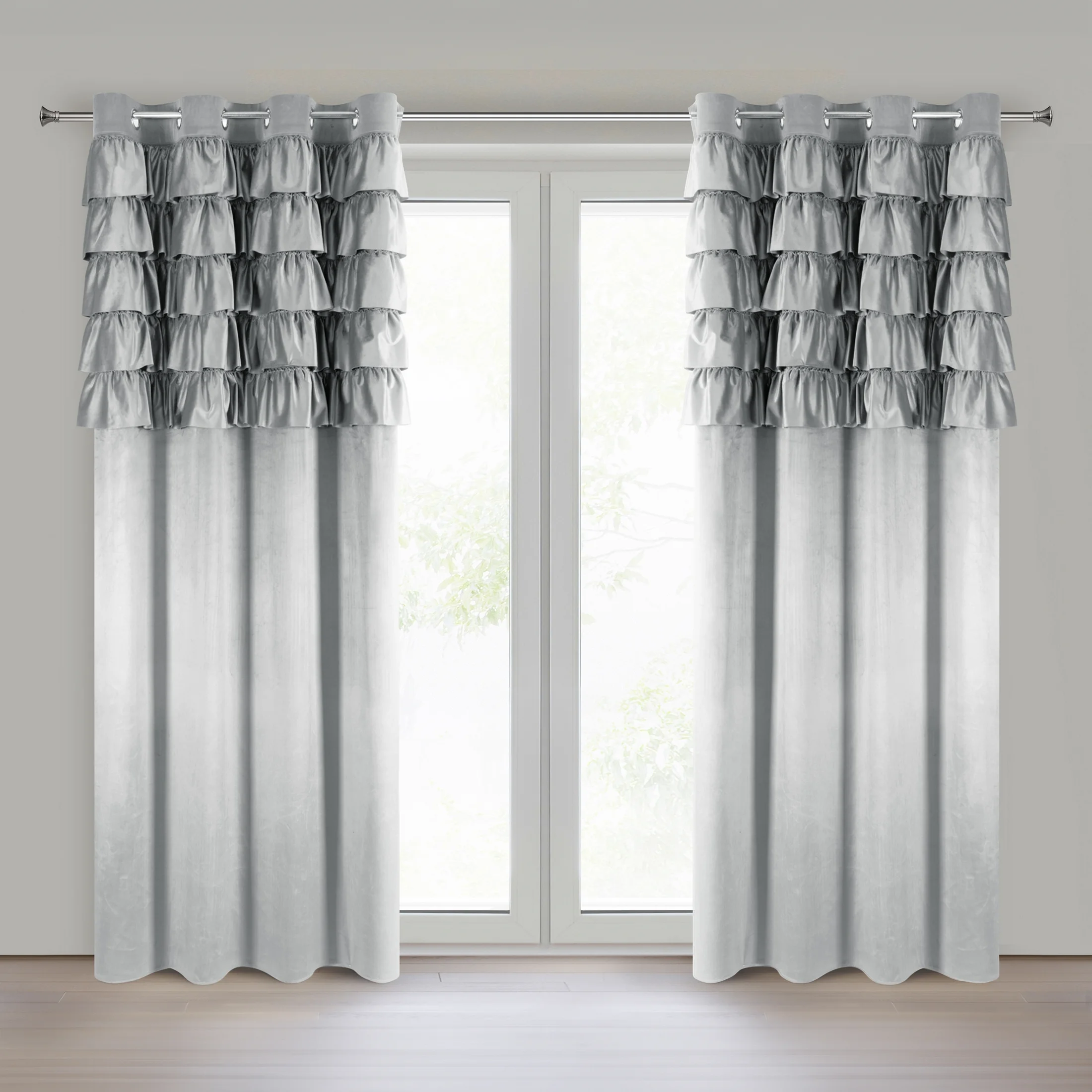 Zasłona welwetowa srebrna zdobiona falbanami 140x250 cm przelotka - AURA