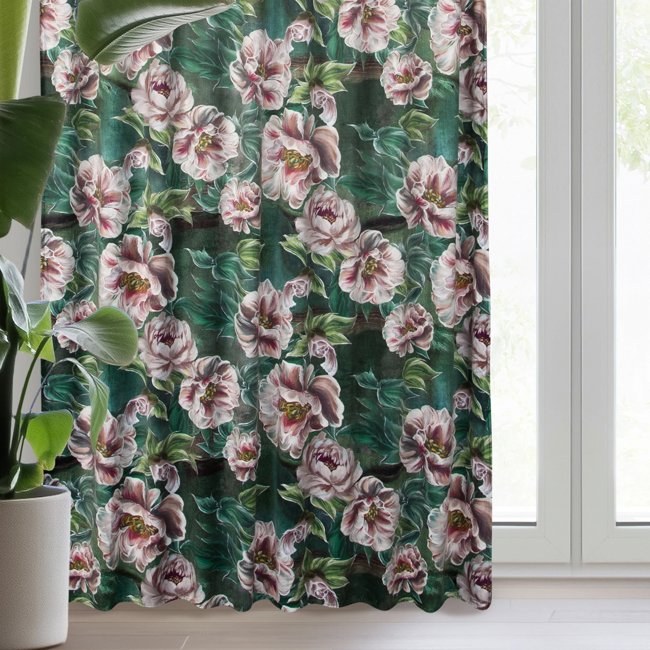 Zasłona zielono, różowa ze wzorem kwiatowym z welwetu 140x270 cm taśma /szelki - PALMERA | eurofirany