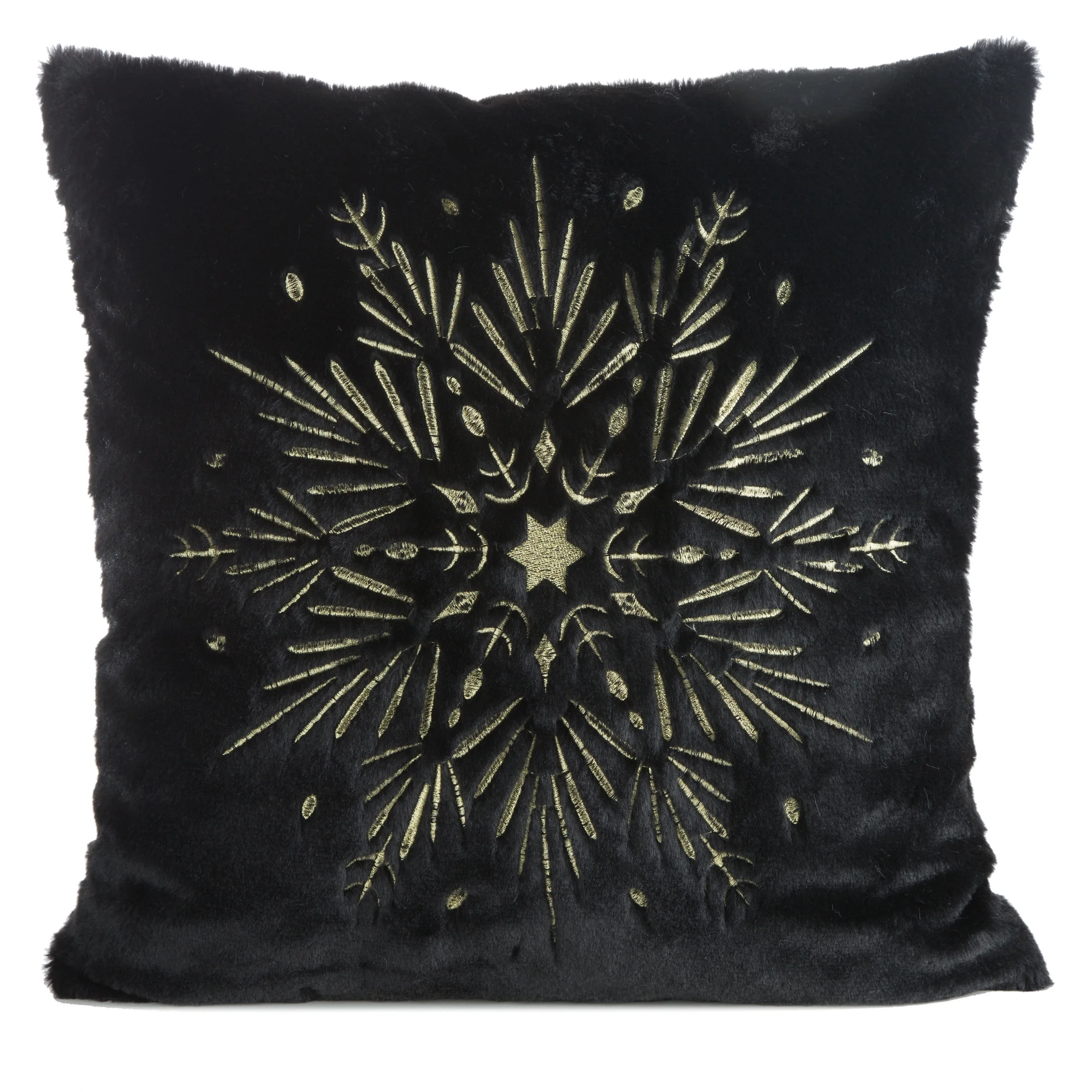 Poszewka na poduszkę 45x45 cm z przyjemnego futerka czarno, złota zdobiona haftowaną śnieżynką |