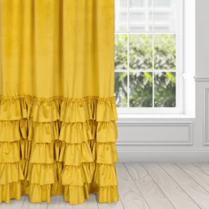 Zasłona welwetowa musztardowa zdobiona falbanami 140x250 cm taśma - CHARLOTTE