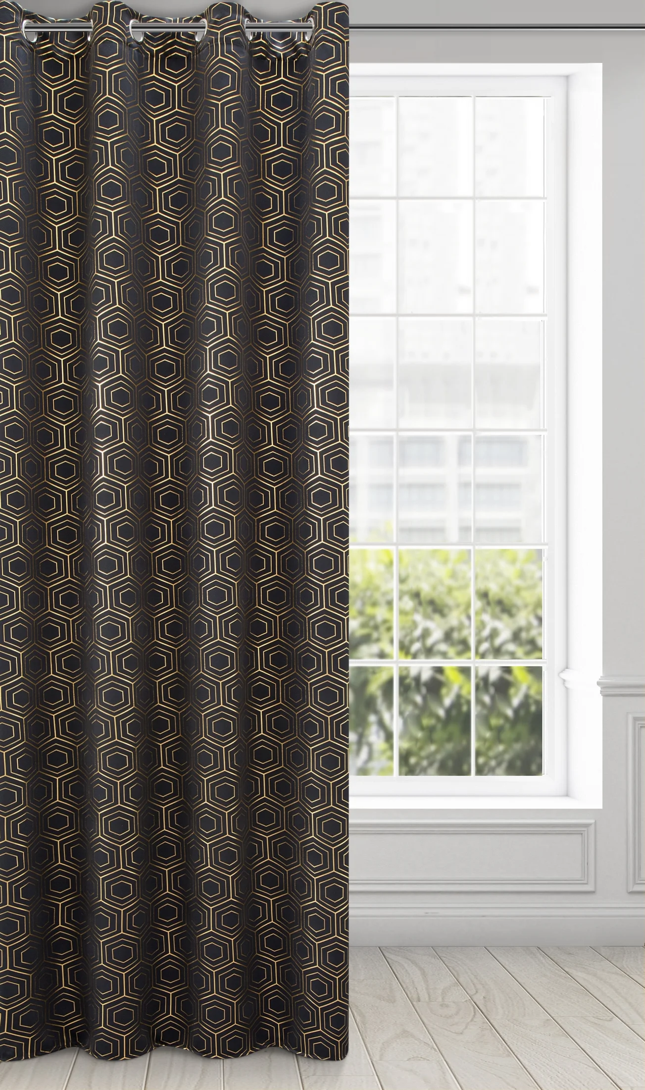 Zasłona czarno, złota z geometrycznym wzorem 135x250 cm przelotka - KAJA