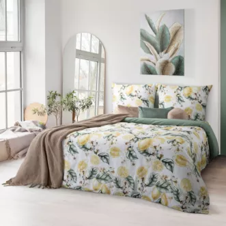 Pościel 140x200 cm komplet 2 częściowy satyna bawełniana kolor biały, ciemnozielony z motywem cytryn  SPRING 91