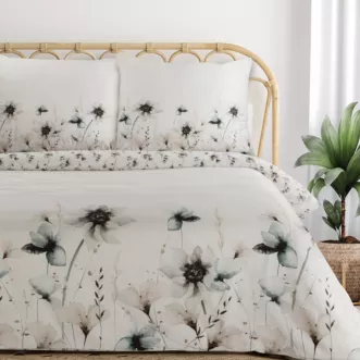 Pościel dwustronna 140x200 cm satyna bawełniana kolor biały, szarobeżowy z motywem kwiatów Eurofirany Premium