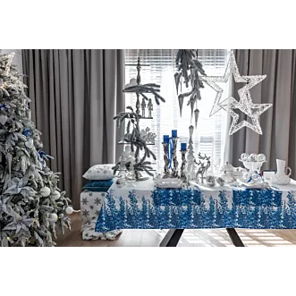 Bieżnik biało, niebieski 40x140 cm zdobiony na brzegach roślinnym wzorem - INES 14