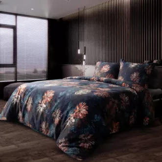 Pościel 160x200 cm komplet 3 częściowy z makosatyny bawełnianej kolor ciemnogranatowy, rudy z motywem kwiatów REINA 50