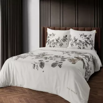 Pościel 160x200 cm komplet 3 częściowy z makosatyny bawełnianej kolor biało, stalowy z designerskim roślinnym nadrukiem DORIS Eva Minge