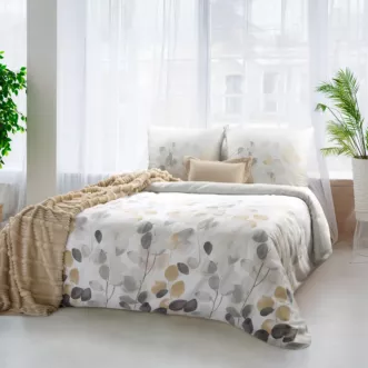 Pościel 140x200 cm komplet 2 częściowy satyna bawełniana kolor biały, jasno stalowy z motywem liści  SPRING 94