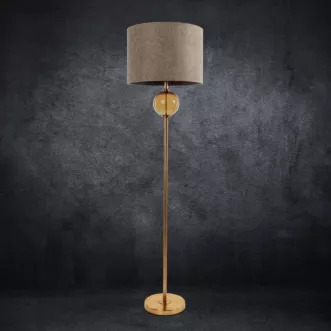 Lampa stojąca do pokoju beżowo, złota LEONA z matowym abażurem o widocznym splocie