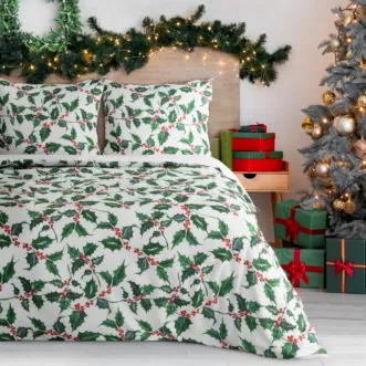 Pościel świąteczna 160x200 cm komplet 3 częściowy z mikrowłókna kolor biały, zielony TORI