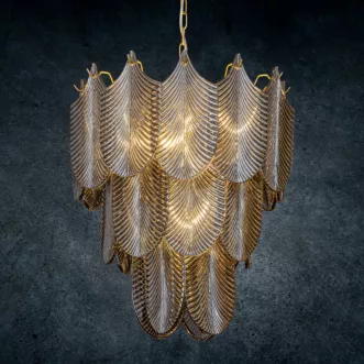 Lampa wisząca do salonu grafitowo, złota MELI ze szklanymi zawieszkami w formie liści z dymionego szkła