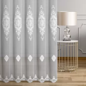Tkanina firanowa typu peru zdobiona haftem kordonkowym z dodatkiem cyrkoni z kolekcji Eva Minge